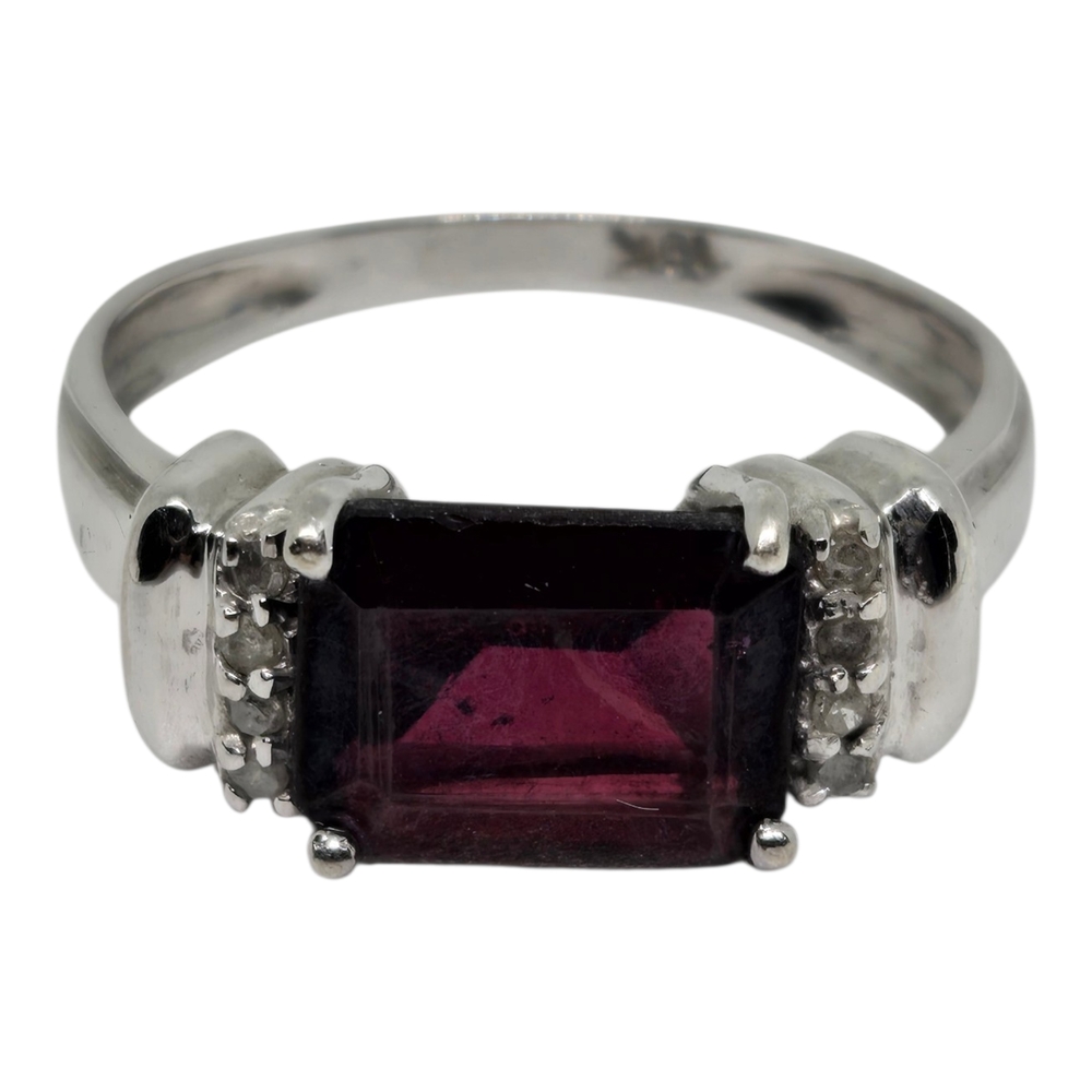 Solid 10K White Gold With Deep Red  Emerald-Cut Garnet & Diamond Accent Ring